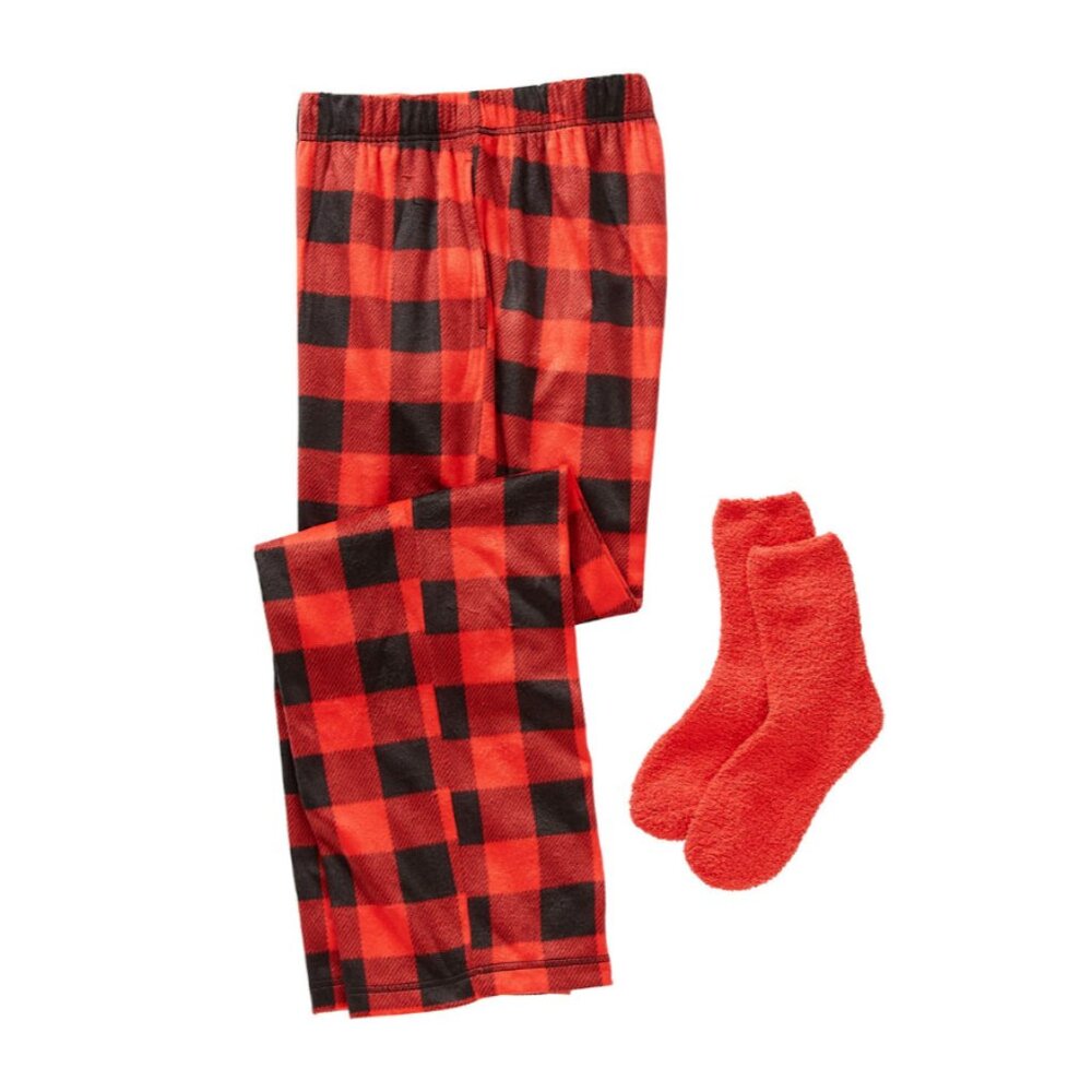Sleep Chic Fleece Pajama Pants with Socks Women's Petite XL Red Buffalo Plaid